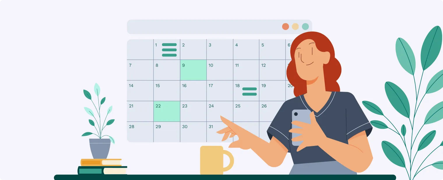 Illustration depicting a person choosing the optimal date and time for an event using a calendar.